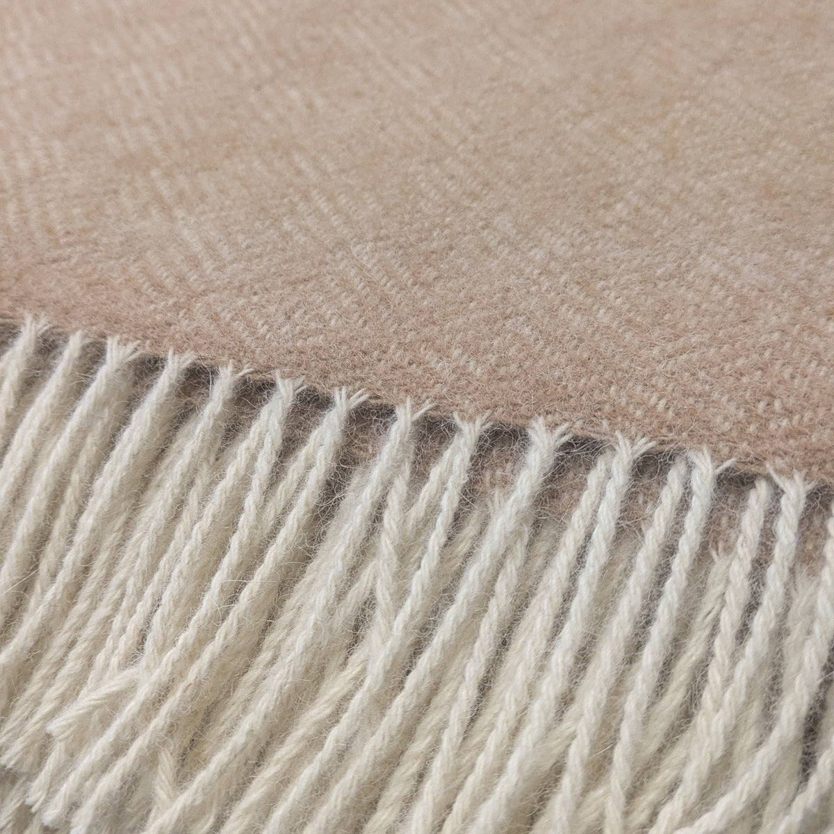 A close-up of a woven cream alpaca blanket throw with cream fringe along one edge.